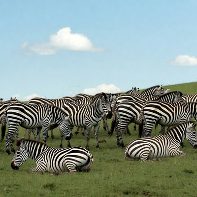 Herd of zebras grazing on green hillside