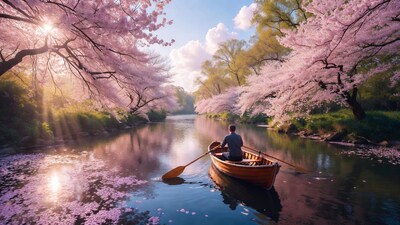Man rowing boat in cherry blossom river