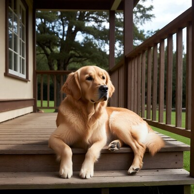 Golden Retriever lounging on porch