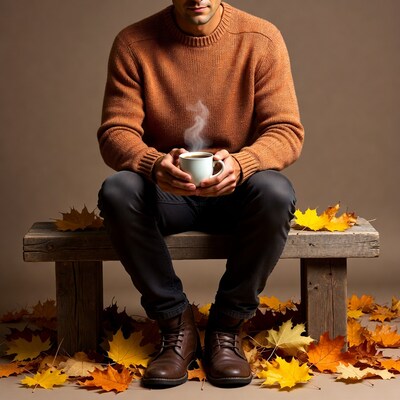 Man holding coffee mug on bench