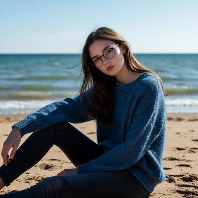 Woman in glasses sitting on beach
