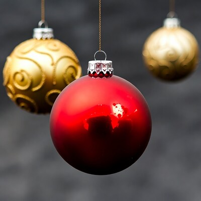 Red and gold Christmas ornaments hanging