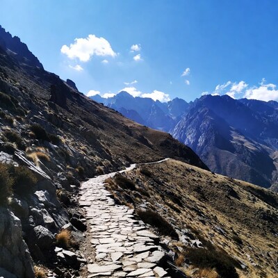 Stone trail in rugged mountains