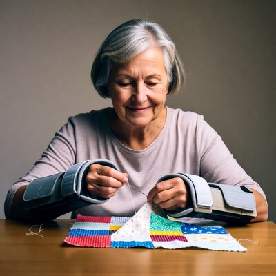Elderly woman sewing quilt with arm braces