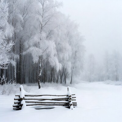 Snowy wooden fence in birch forest