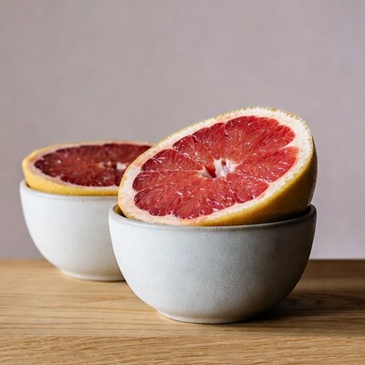 Two Halved Grapefruits in White Bowls