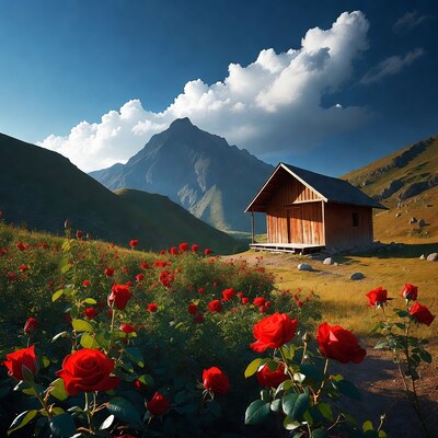 Wooden cabin amid red roses and mountains