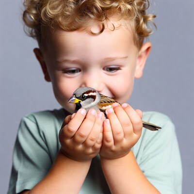 Boy holding sparrow in hands