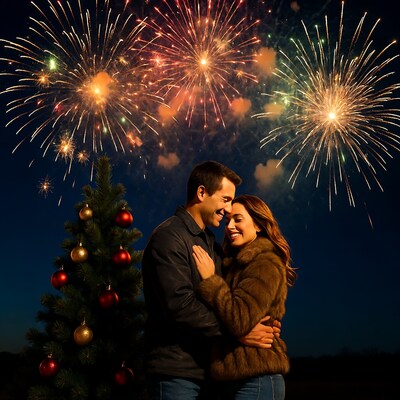 Couple embracing by Christmas tree with fireworks