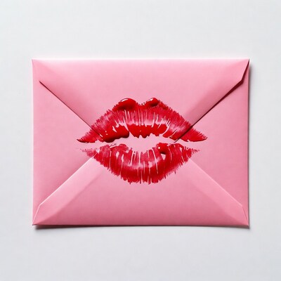 Pink envelope with red lipstick kiss