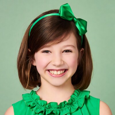 Girl smiling with green bow and dress
