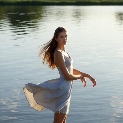 Woman in flowing dress by lake