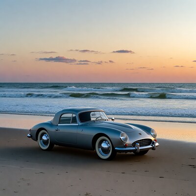 Silver Porsche Speedster on Beach at Sunset