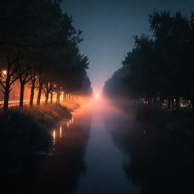 Foggy Canal Lined with Lit Trees