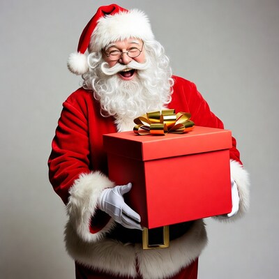 Smiling Santa holding red gift box