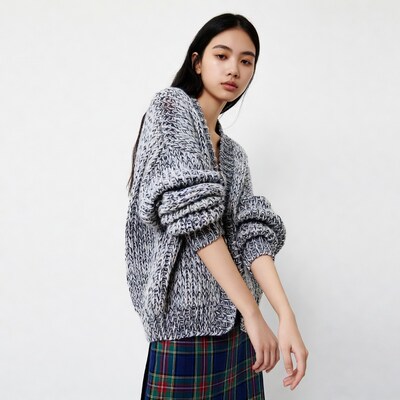 Asian woman in chunky knit cardigan plaid skirt