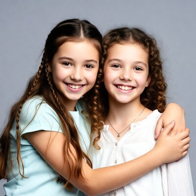 Two smiling girls hugging