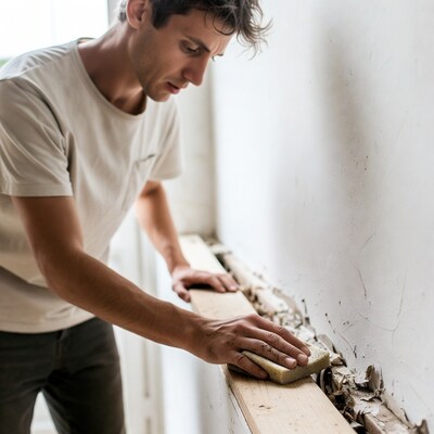 Man sanding wall with sponge