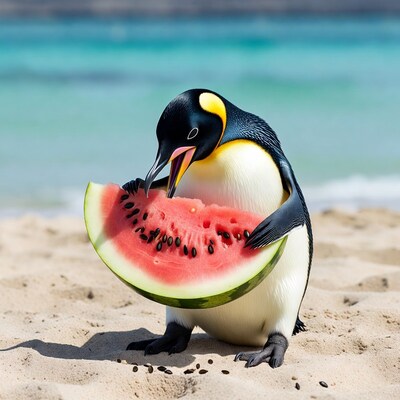 King penguin eating watermelon on beach