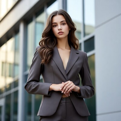 Woman in gray suit against city building