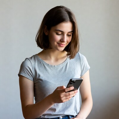 Young woman smiling at smartphone