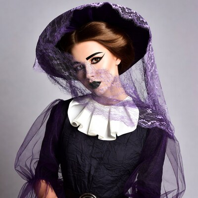 Woman in purple Victorian hat and dress
