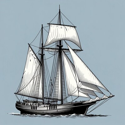 Sailing Ship with Crew Illustration