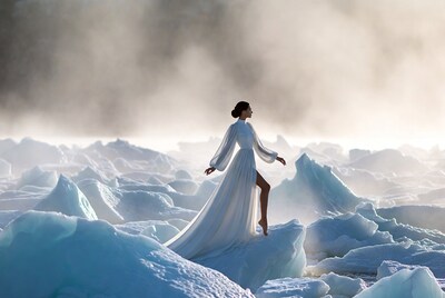 Woman in white gown on icebergs