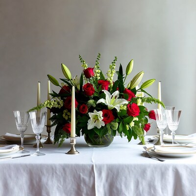Red and White Flower Centerpiece on Table