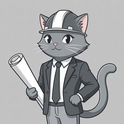 Gray cat engineer with blueprint