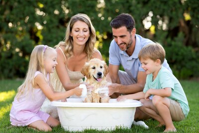 Family bathing golden retriever puppy outdoors