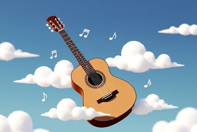 Acoustic Guitar Floating in Clouds