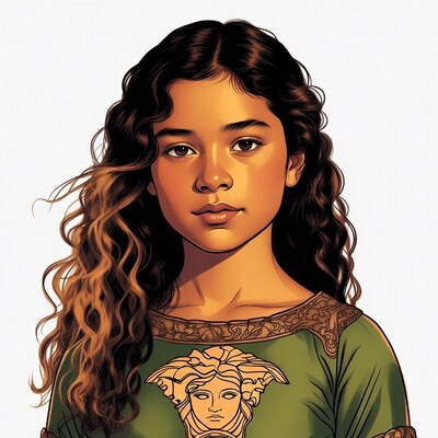 Young girl with Versace green top