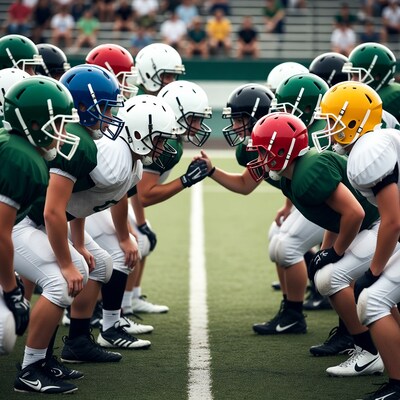 Football teams huddle on field