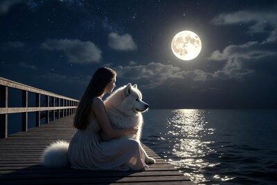 Woman hugging Samoyed dog on pier