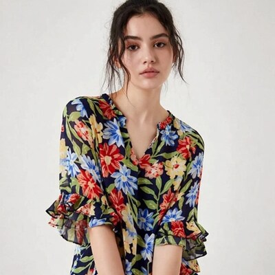 Woman in colorful floral print blouse