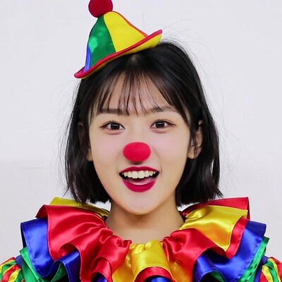 Asian woman in colorful clown costume