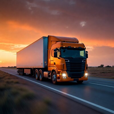 Orange semi truck driving sunset highway
