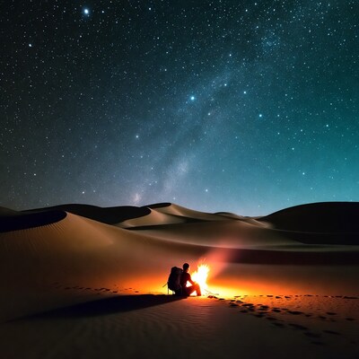Man by campfire in desert under starry sky