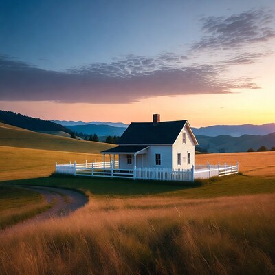 White farmhouse in golden field sunset