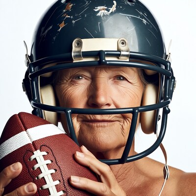 Elderly woman in football helmet holding ball