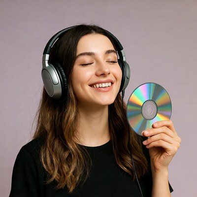 Woman smiling with headphones holding CD
