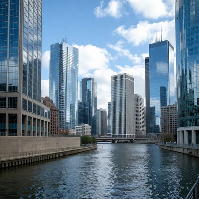 Chicago River skyscrapers blue sky