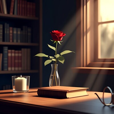 Red Rose in Vase on Bookshelf Table