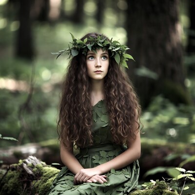 Girl in leaf dress with wreath in forest