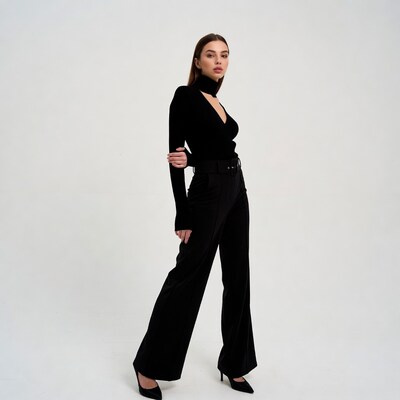 Woman in black turtleneck pantsuit
