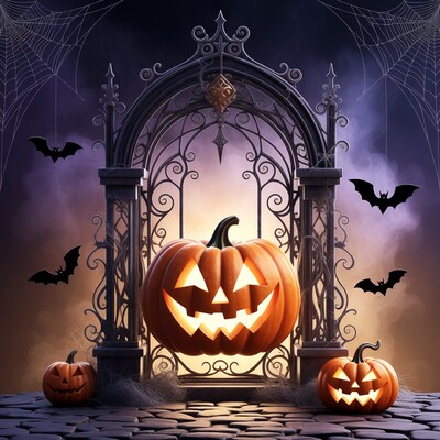 Halloween Gate with Jack-o-Lanterns and Bats
