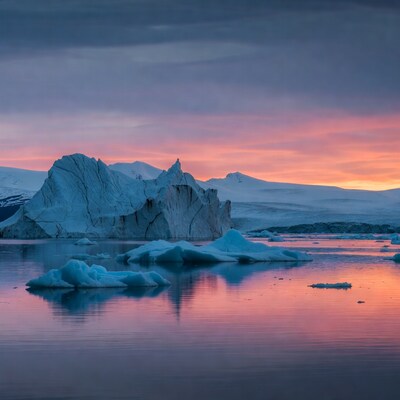 Icebergs in sunset Arctic lagoon