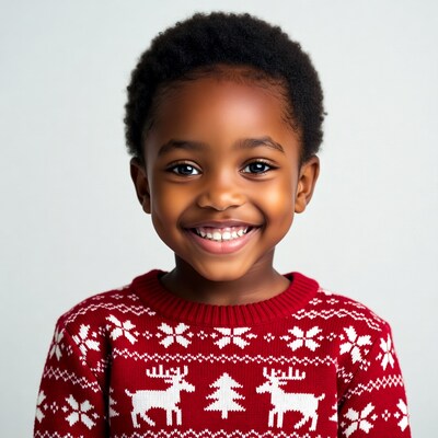 African-American boy smiling in Christmas sweater