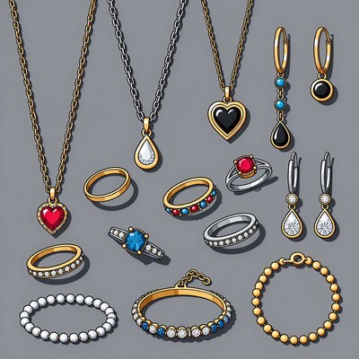 Assortment of Gold Silver Jewelry Illustration